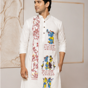 Hand-Painted Folk Tale White Color Pure Cotton Men's Kurta