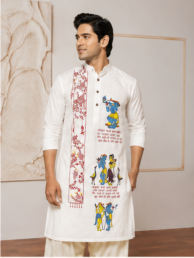 Hand-Painted Folk Tale White Color Pure Cotton Men's Kurta