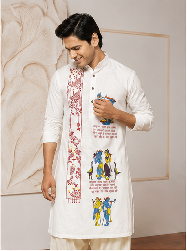 Hand-Painted Folk Tale White Color Pure Cotton Men's Kurta - Image 2
