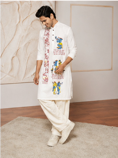 Hand-Painted Folk Tale White Color Pure Cotton Men's Kurta - Image 5