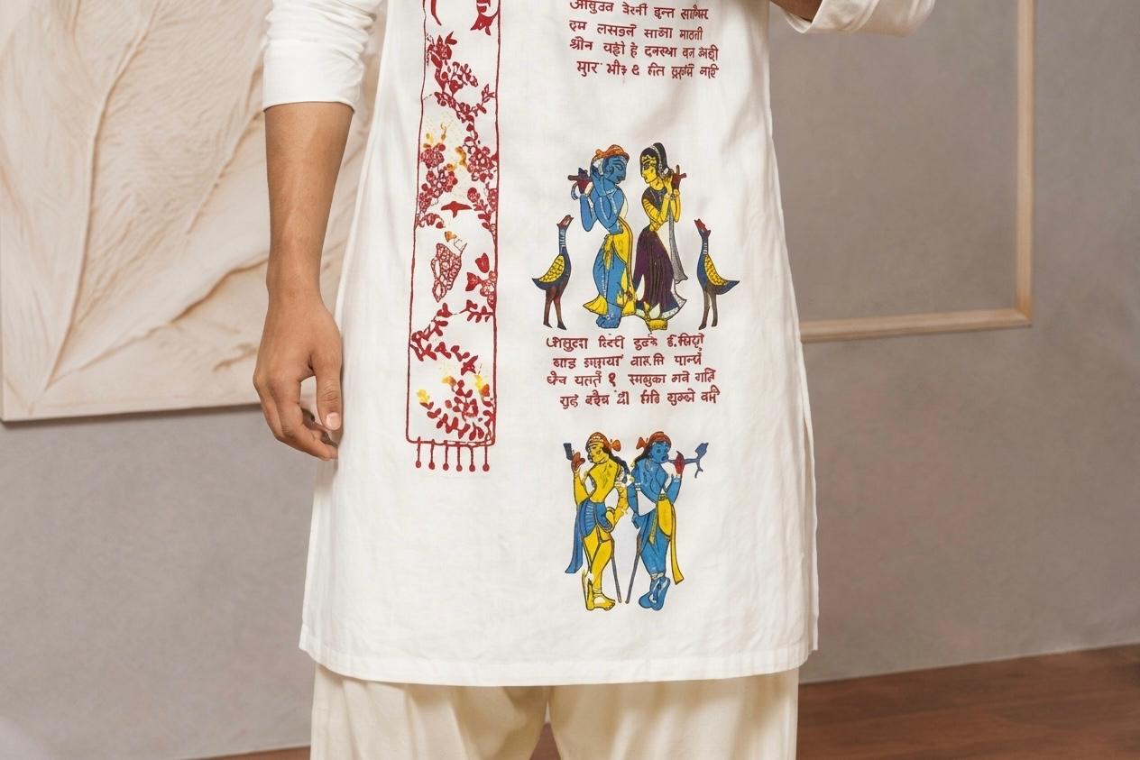 Hand-Painted Folk Tale White Color Pure Cotton Men's Kurta - Image 4