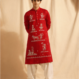 Hand-Painted Tribal Story Red Color Pure Cotton Kurta