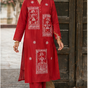 Hand-Painted Crimson Red Pure Cotton Women’s Kurta Set