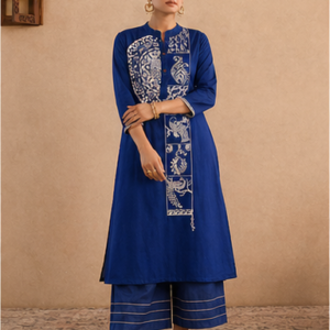 Hand-Painted Indigo Women’s Kurta Set with Straight Pants