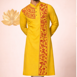 Hand-Painted Mustard Color Full Sleeve Cotton Blend Kurta
